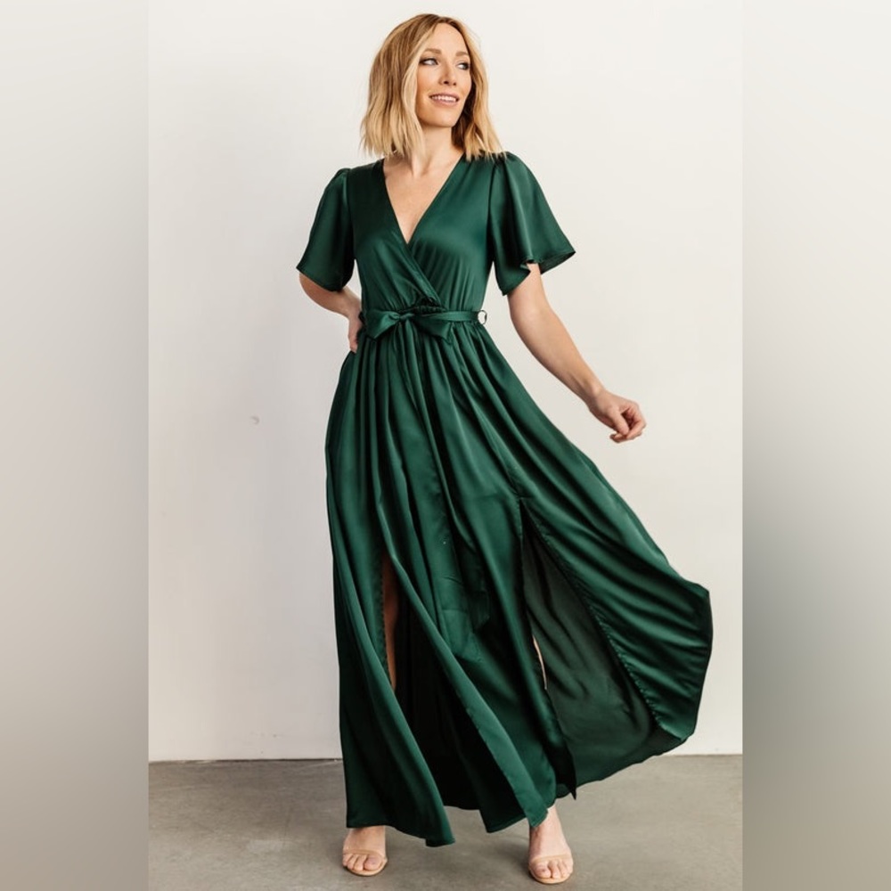 Sicily Satin Maxi Dress Baltic Born Emerald Green Medium Wrap Flowy
